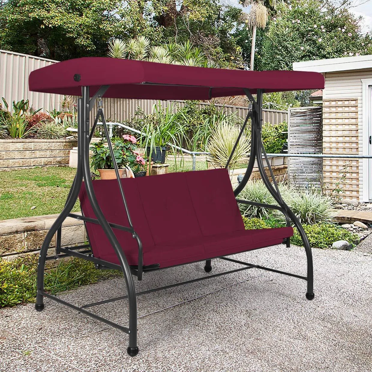 Tangkula 3 Seats Converting Patio Swing, Outdoor Porch Garden Canopy Swing with Comfortable Cushion Seats
