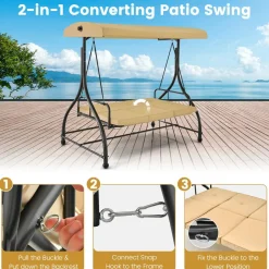Tangkula 3 Seats Converting Patio Swing, Outdoor Porch Garden Canopy Swing with Comfortable Cushion Seats