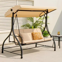 Tangkula 3 Seats Converting Patio Swing, Outdoor Porch Garden Canopy Swing with Comfortable Cushion Seats