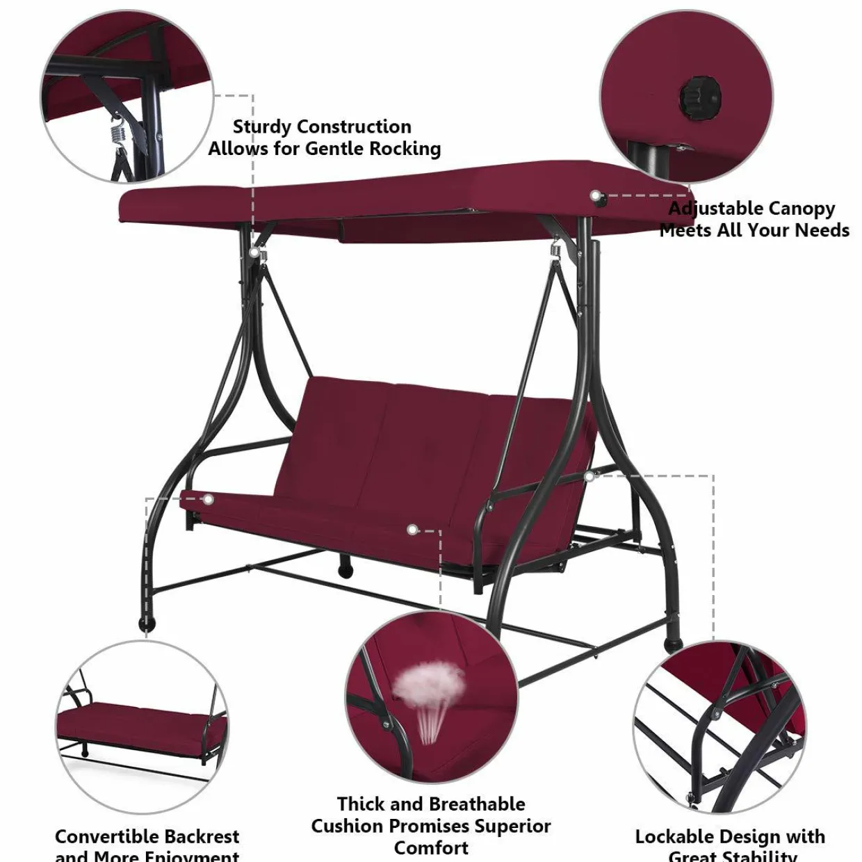 Tangkula 3 Seats Converting Patio Swing, Outdoor Porch Garden Canopy Swing with Comfortable Cushion Seats