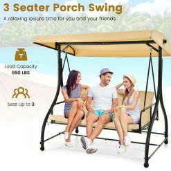 Tangkula 3 Seats Converting Patio Swing, Outdoor Porch Garden Canopy Swing with Comfortable Cushion Seats