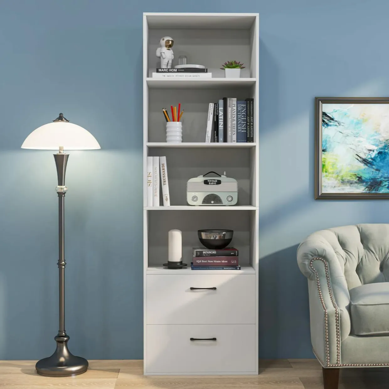 Tangkula 4 Shelf Bookcase with 2 Drawers, 74 Inches 4 Tiers Tall Open Bookshelf with 2 Slide-Out Drawers