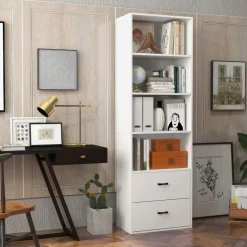 Tangkula 4 Shelf Bookcase with 2 Drawers, 74 Inches 4 Tiers Tall Open Bookshelf with 2 Slide-Out Drawers