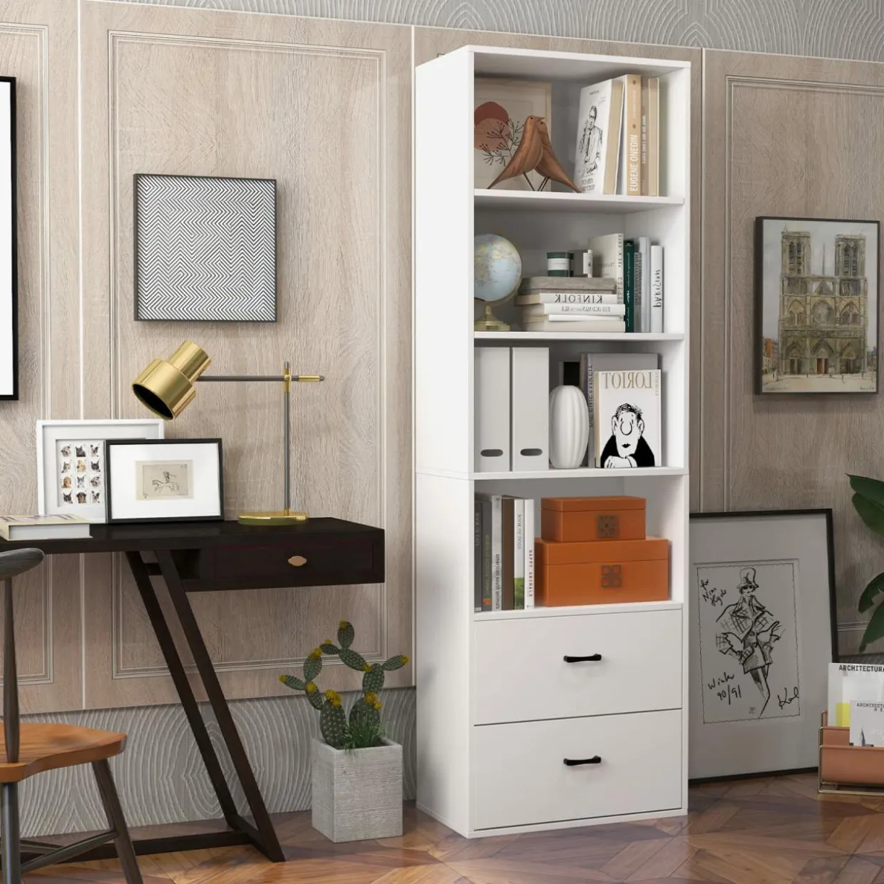 Tangkula 4 Shelf Bookcase with 2 Drawers, 74 Inches 4 Tiers Tall Open Bookshelf with 2 Slide-Out Drawers