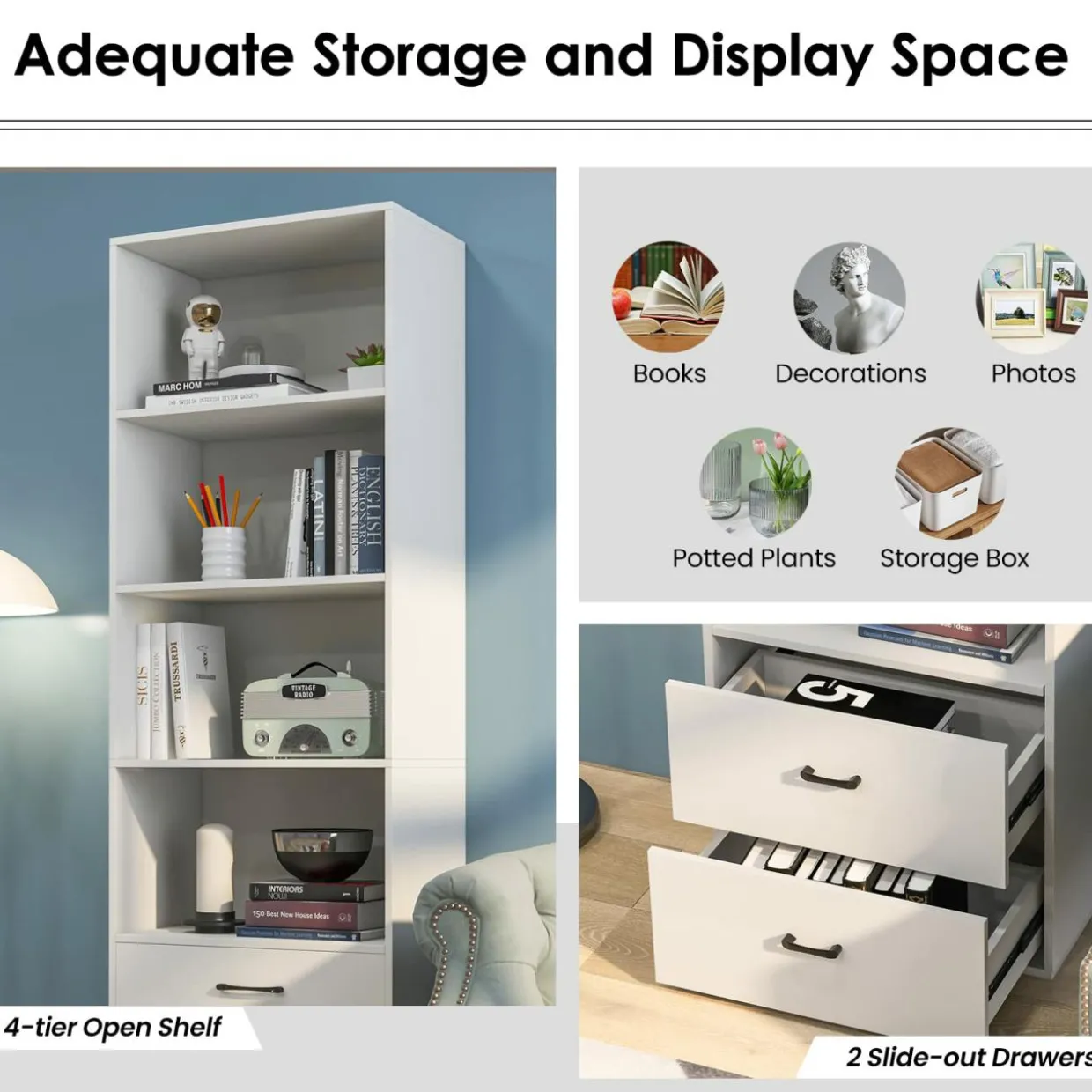 Tangkula 4 Shelf Bookcase with 2 Drawers, 74 Inches 4 Tiers Tall Open Bookshelf with 2 Slide-Out Drawers