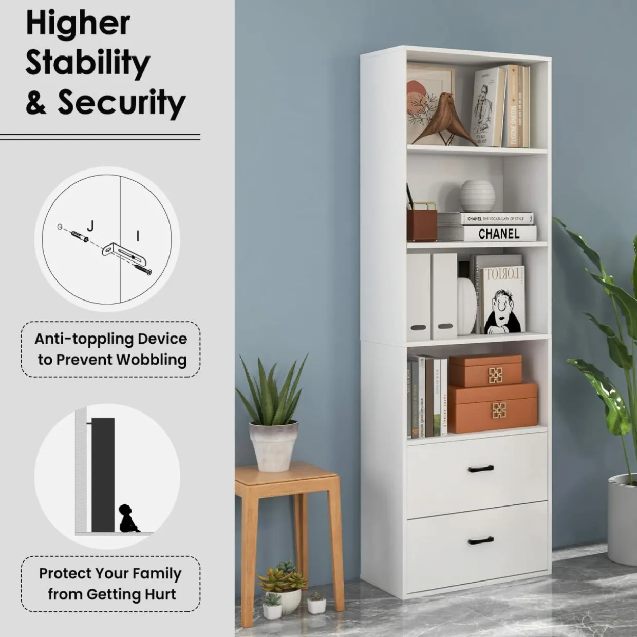 Tangkula 4 Shelf Bookcase with 2 Drawers, 74 Inches 4 Tiers Tall Open Bookshelf with 2 Slide-Out Drawers