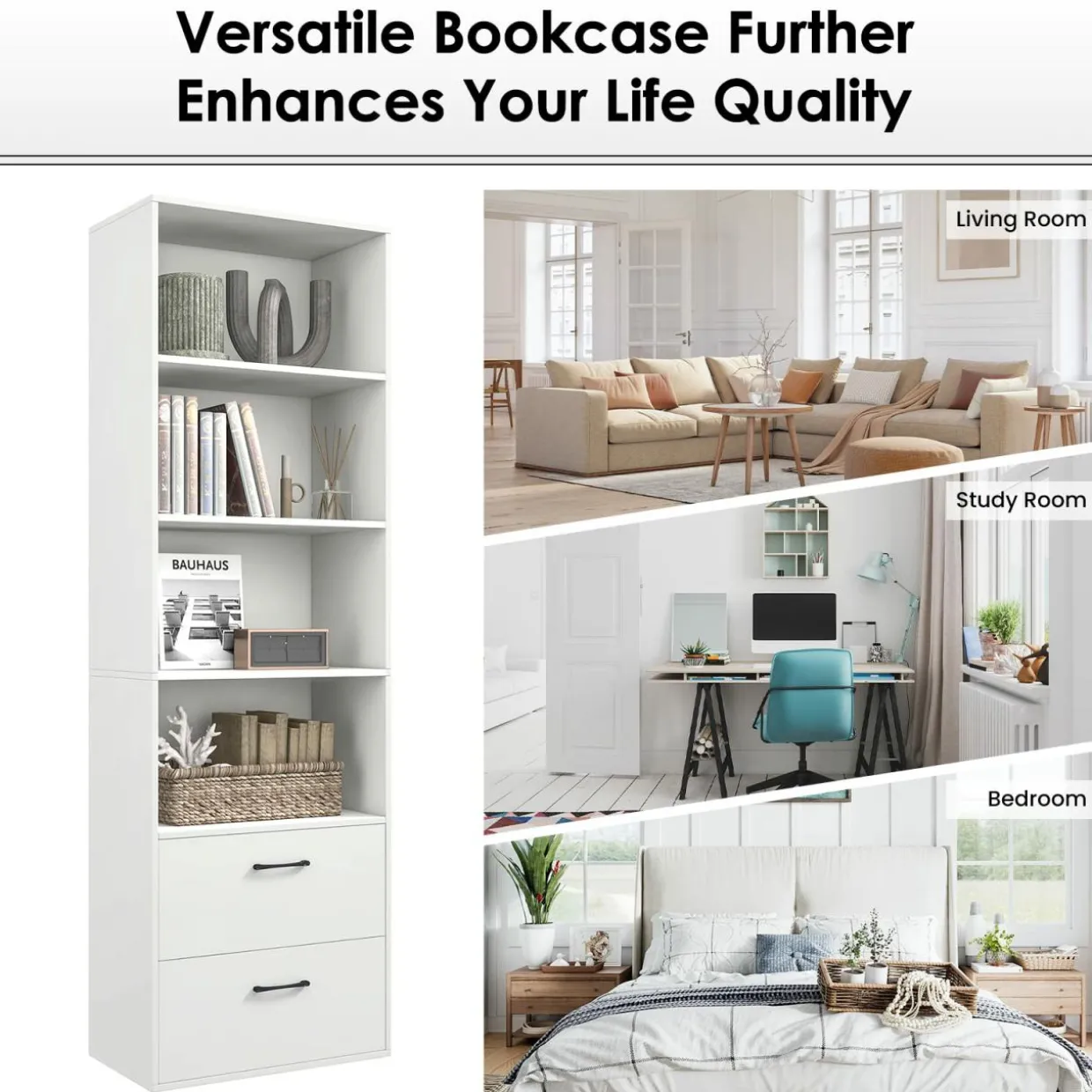 Tangkula 4 Shelf Bookcase with 2 Drawers, 74 Inches 4 Tiers Tall Open Bookshelf with 2 Slide-Out Drawers