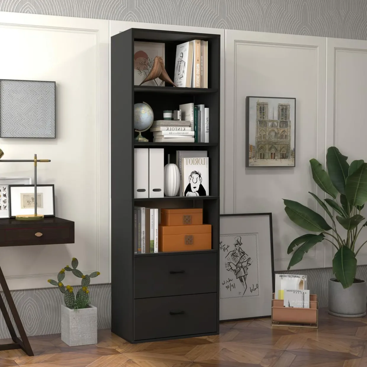Tangkula 4 Shelf Bookcase with 2 Drawers, 74 Inches 4 Tiers Tall Open Bookshelf with 2 Slide-Out Drawers