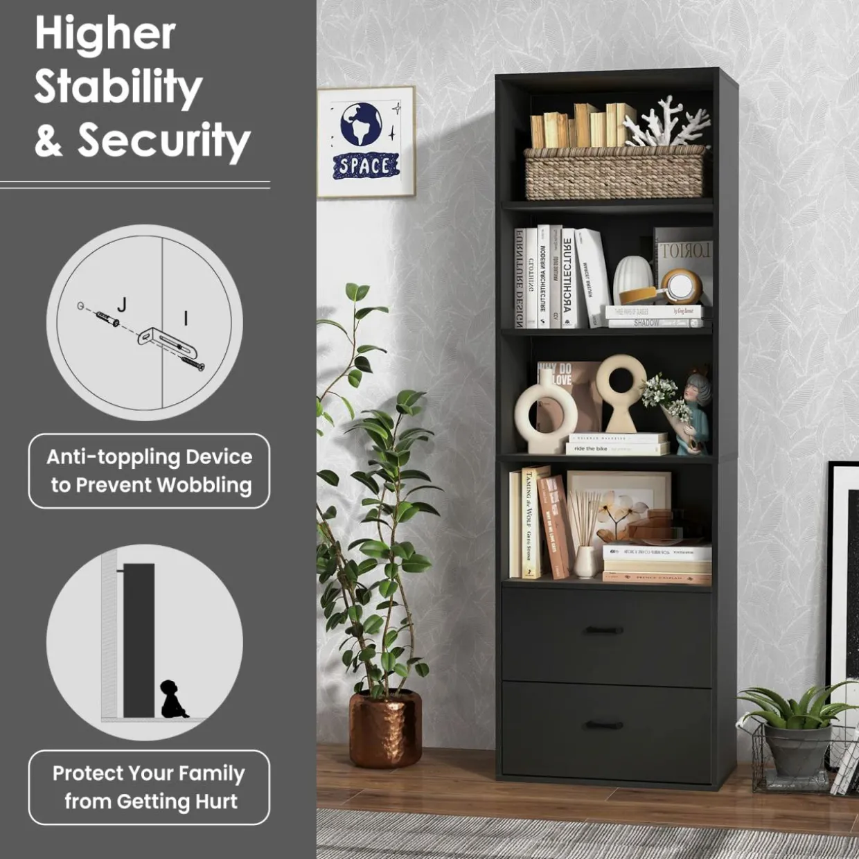 Tangkula 4 Shelf Bookcase with 2 Drawers, 74 Inches 4 Tiers Tall Open Bookshelf with 2 Slide-Out Drawers