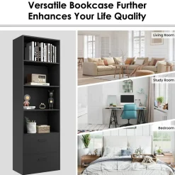 Tangkula 4 Shelf Bookcase with 2 Drawers, 74 Inches 4 Tiers Tall Open Bookshelf with 2 Slide-Out Drawers