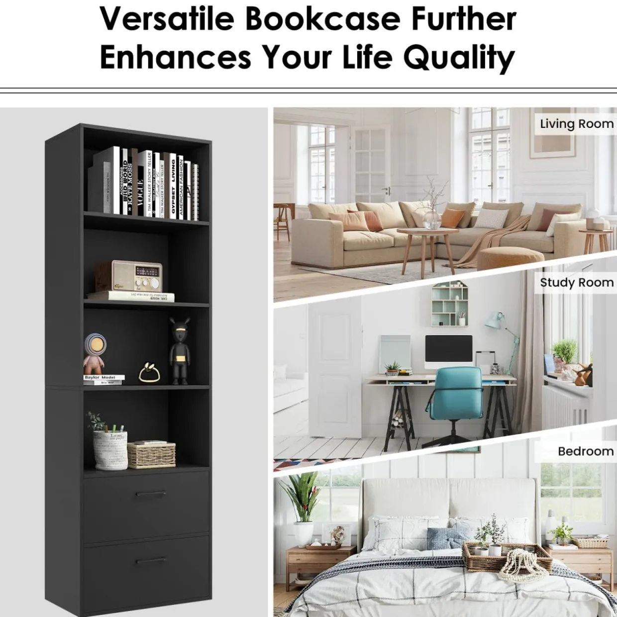 Tangkula 4 Shelf Bookcase with 2 Drawers, 74 Inches 4 Tiers Tall Open Bookshelf with 2 Slide-Out Drawers