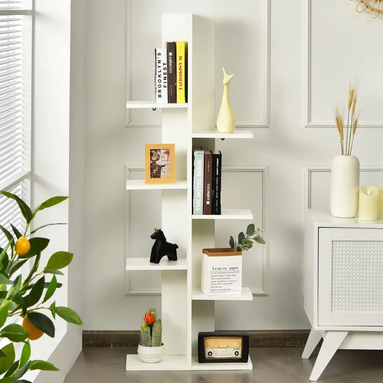 Tangkula 8 Shelf Bookshelf, Wood Bookcase with 8 Book Shelf, Tree Bookshelf Room Dividers