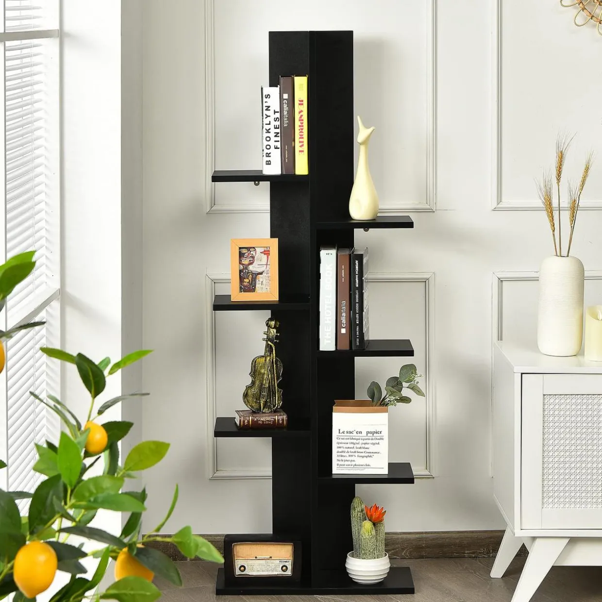 Tangkula 8 Shelf Bookshelf, Wood Bookcase with 8 Book Shelf, Tree Bookshelf Room Dividers