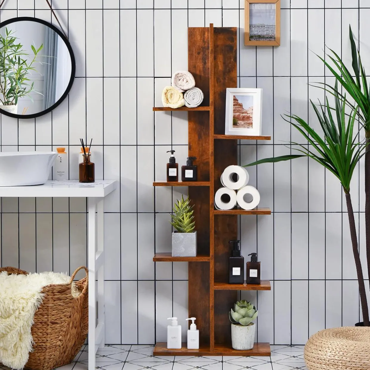 Tangkula 8 Shelf Bookshelf, Wood Bookcase with 8 Book Shelf, Tree Bookshelf Room Dividers