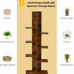 Tangkula 8 Shelf Bookshelf, Wood Bookcase with 8 Book Shelf, Tree Bookshelf Room Dividers