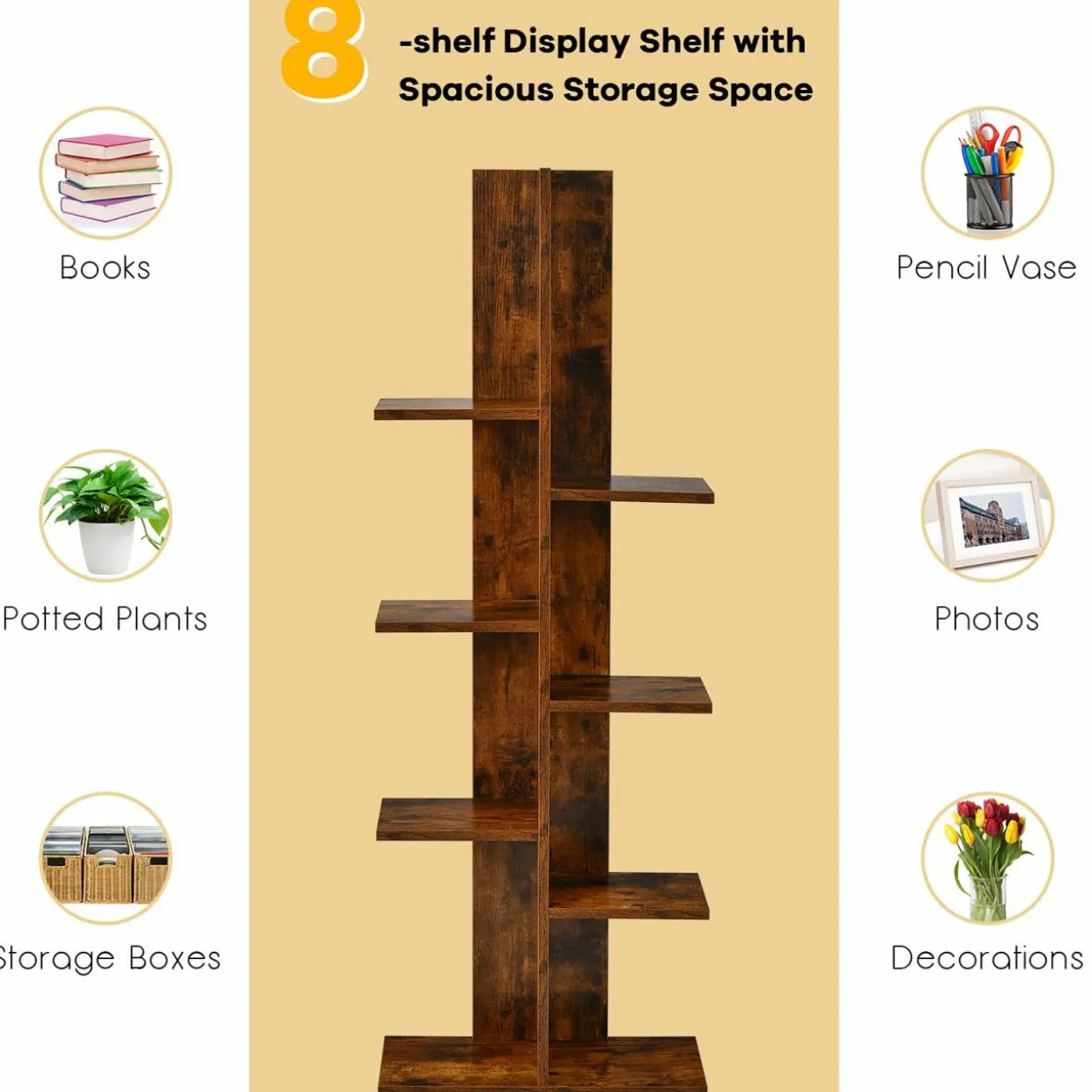 Tangkula 8 Shelf Bookshelf, Wood Bookcase with 8 Book Shelf, Tree Bookshelf Room Dividers