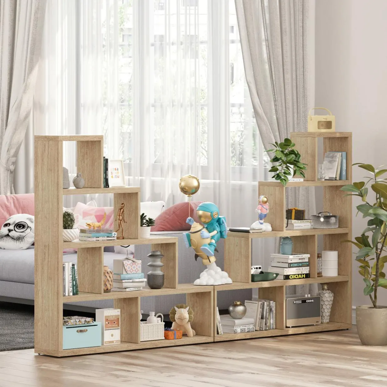 Tangkula 10 Shelves Bookshelf, L Shaped Freestanding Ladder Corner Bookshelf