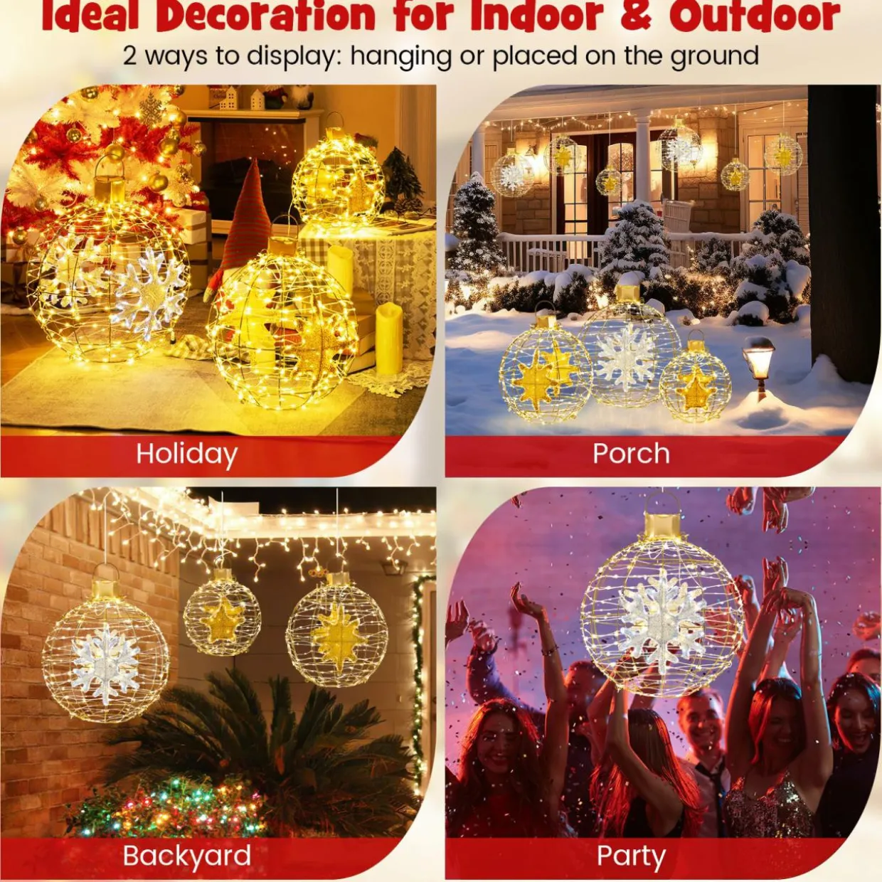 Tangkula 3 Sizes Christmas LED Lighted Sphere Balls, Holiday Globe Lights for Indoor/Outdoor Party Decorations ( 25"+21"+16" )