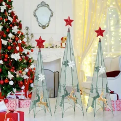 Tangkula 3 Sizes Tower Shaped Christmas Tree Decorations, Metal Xmas Decorative Trees with Reindeers