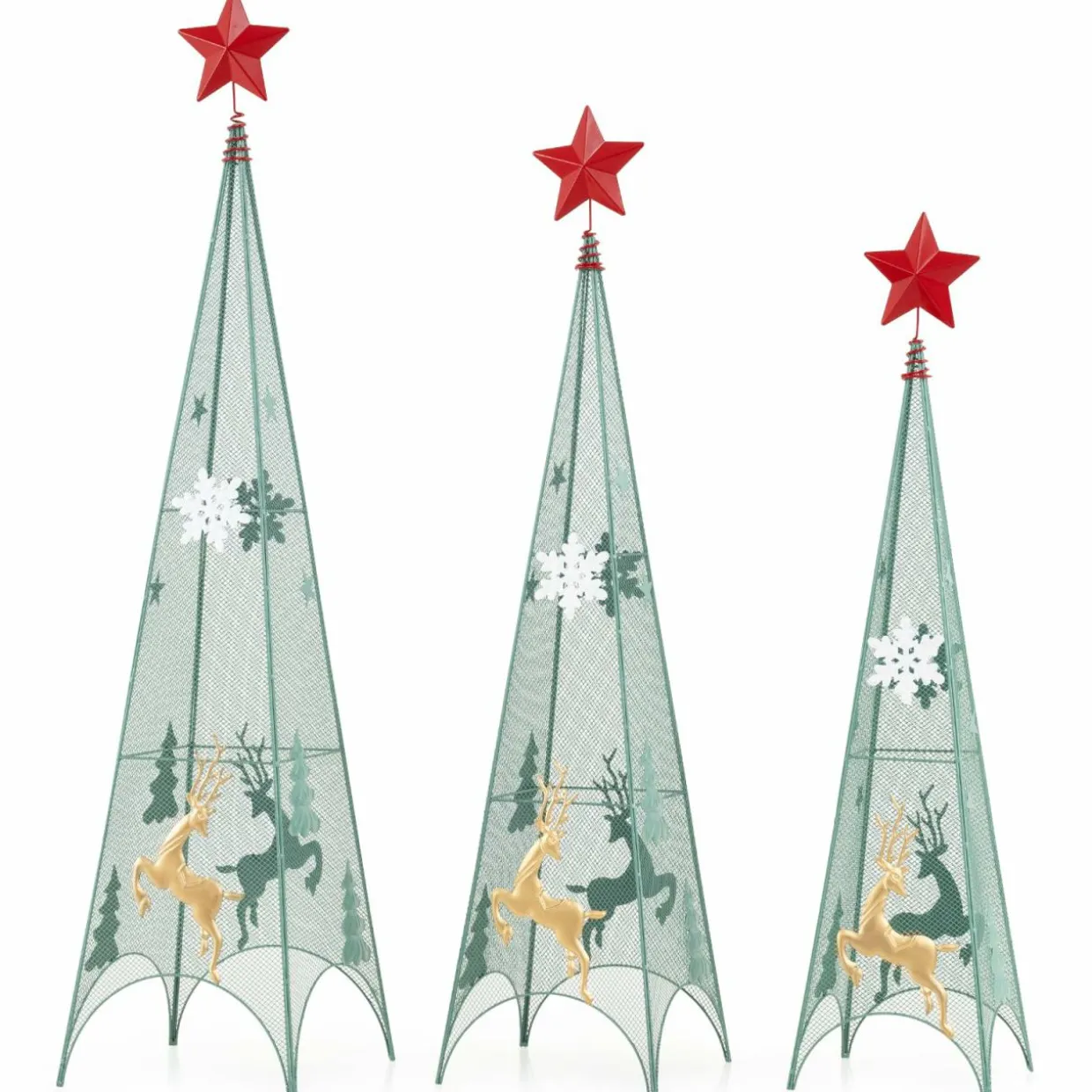 Tangkula 3 Sizes Tower Shaped Christmas Tree Decorations, Metal Xmas Decorative Trees with Reindeers