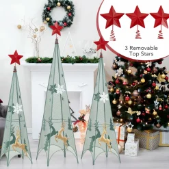 Tangkula 3 Sizes Tower Shaped Christmas Tree Decorations, Metal Xmas Decorative Trees with Reindeers