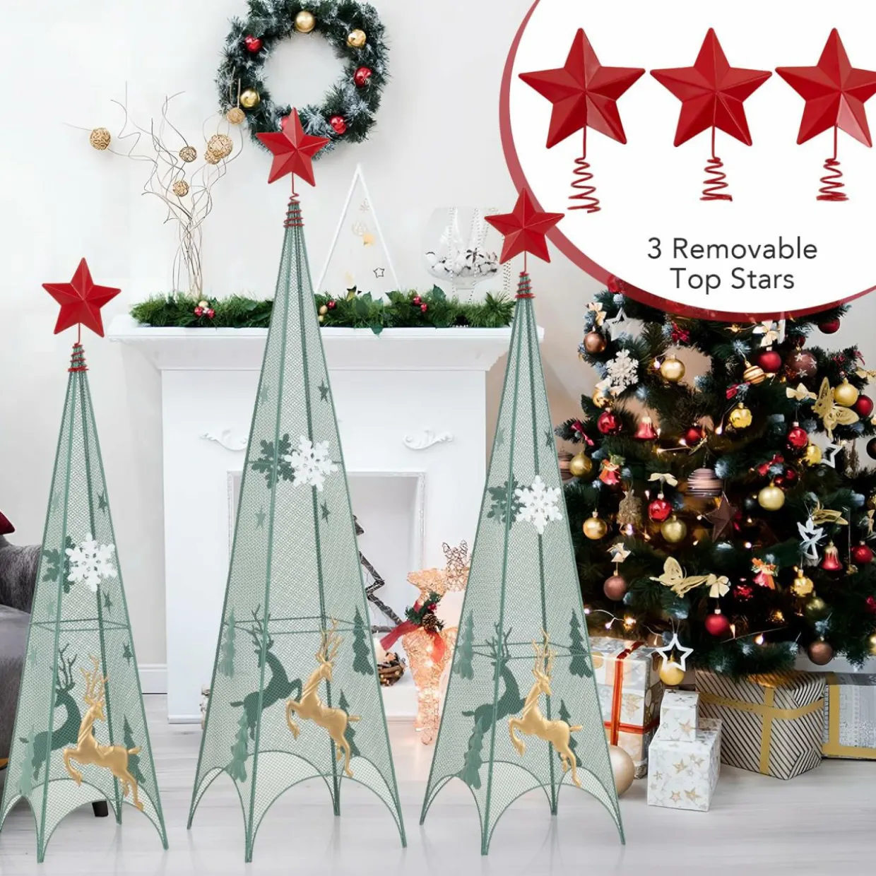Tangkula 3 Sizes Tower Shaped Christmas Tree Decorations, Metal Xmas Decorative Trees with Reindeers