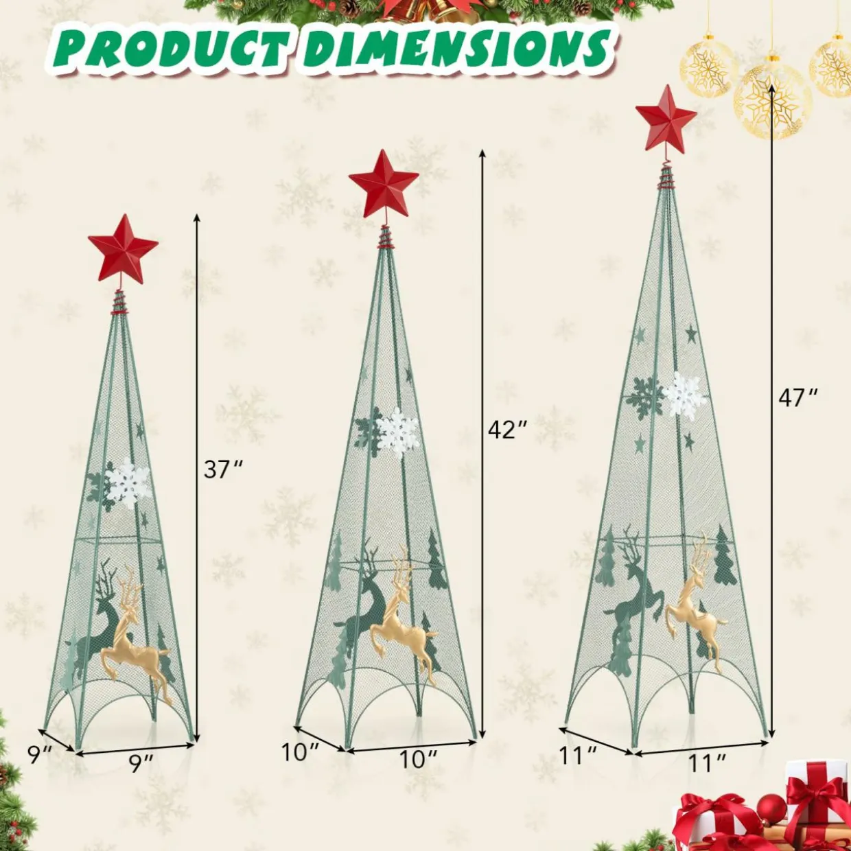 Tangkula 3 Sizes Tower Shaped Christmas Tree Decorations, Metal Xmas Decorative Trees with Reindeers