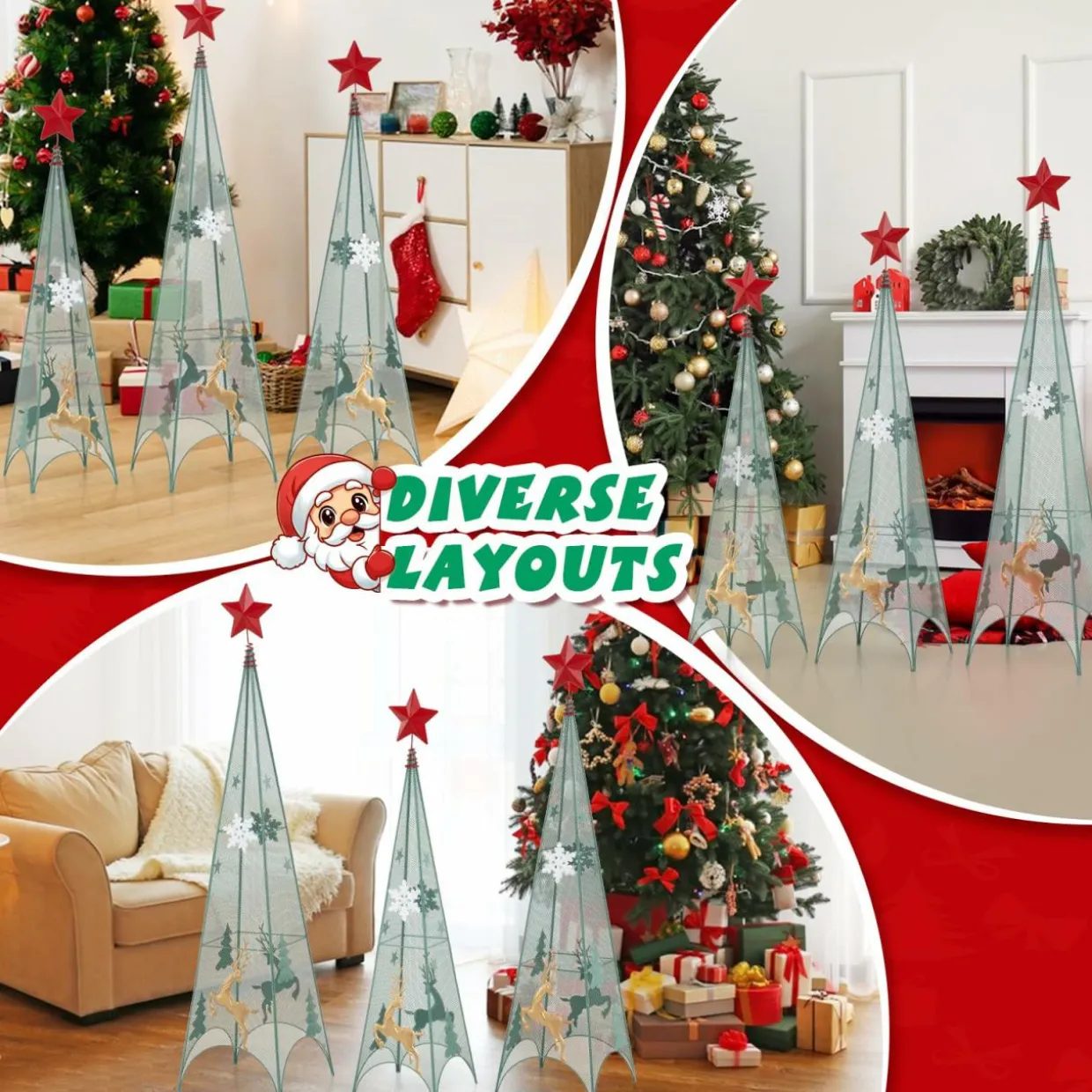 Tangkula 3 Sizes Tower Shaped Christmas Tree Decorations, Metal Xmas Decorative Trees with Reindeers