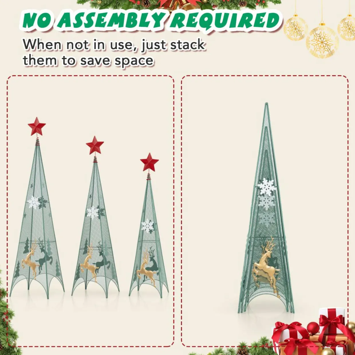 Tangkula 3 Sizes Tower Shaped Christmas Tree Decorations, Metal Xmas Decorative Trees with Reindeers