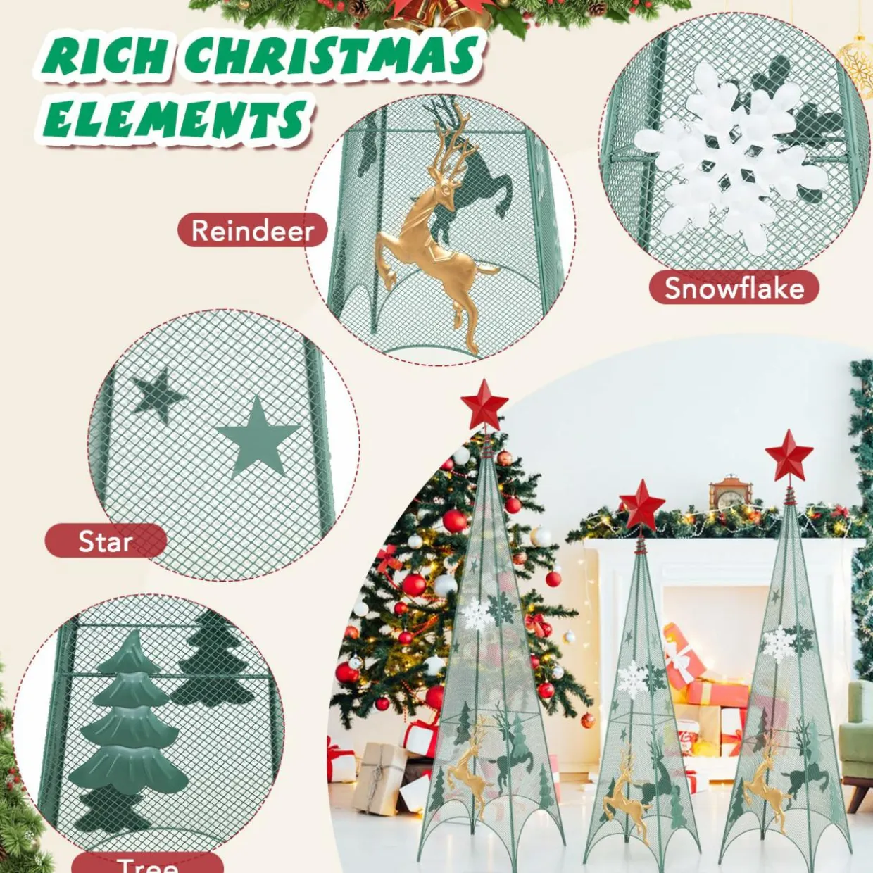 Tangkula 3 Sizes Tower Shaped Christmas Tree Decorations, Metal Xmas Decorative Trees with Reindeers