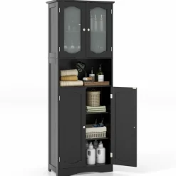 Tangkula 64.5" Tall Bathroom Storage Cabinet, Freestanding Linen Cabinet with Frost Glass Doors and Shelves