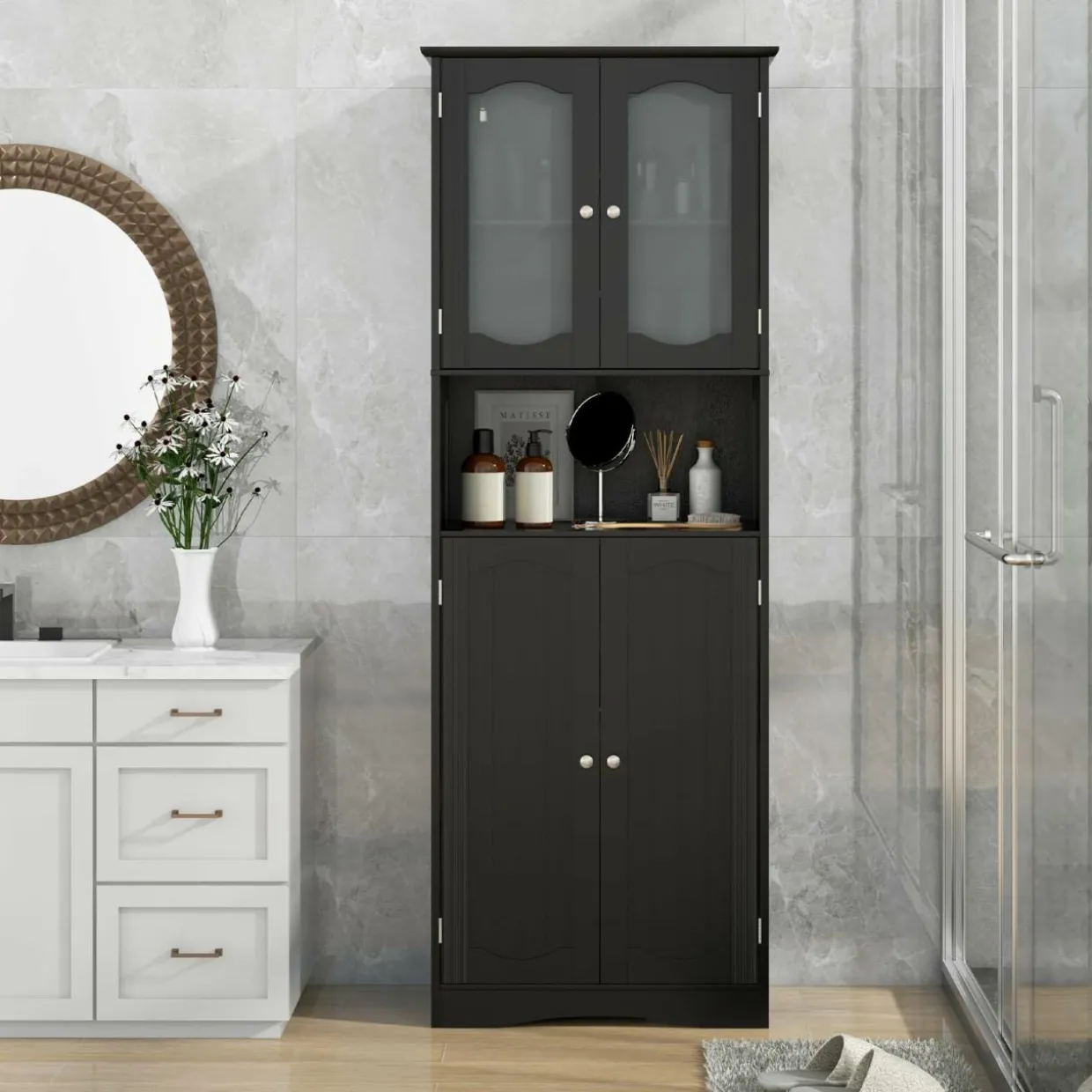 Tangkula 64.5" Tall Bathroom Storage Cabinet, Freestanding Linen Cabinet with Frost Glass Doors and Shelves