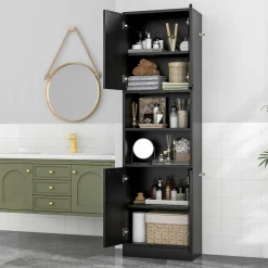 Tangkula 75" Tall Bathroom Storage Cabinet, Bathroom Floor Cabinet with 4 Doors & 2 Open Shelves