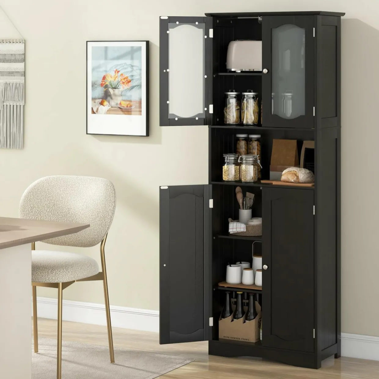 Tangkula 64.5" Tall Bathroom Storage Cabinet, Freestanding Linen Cabinet with Frost Glass Doors and Shelves