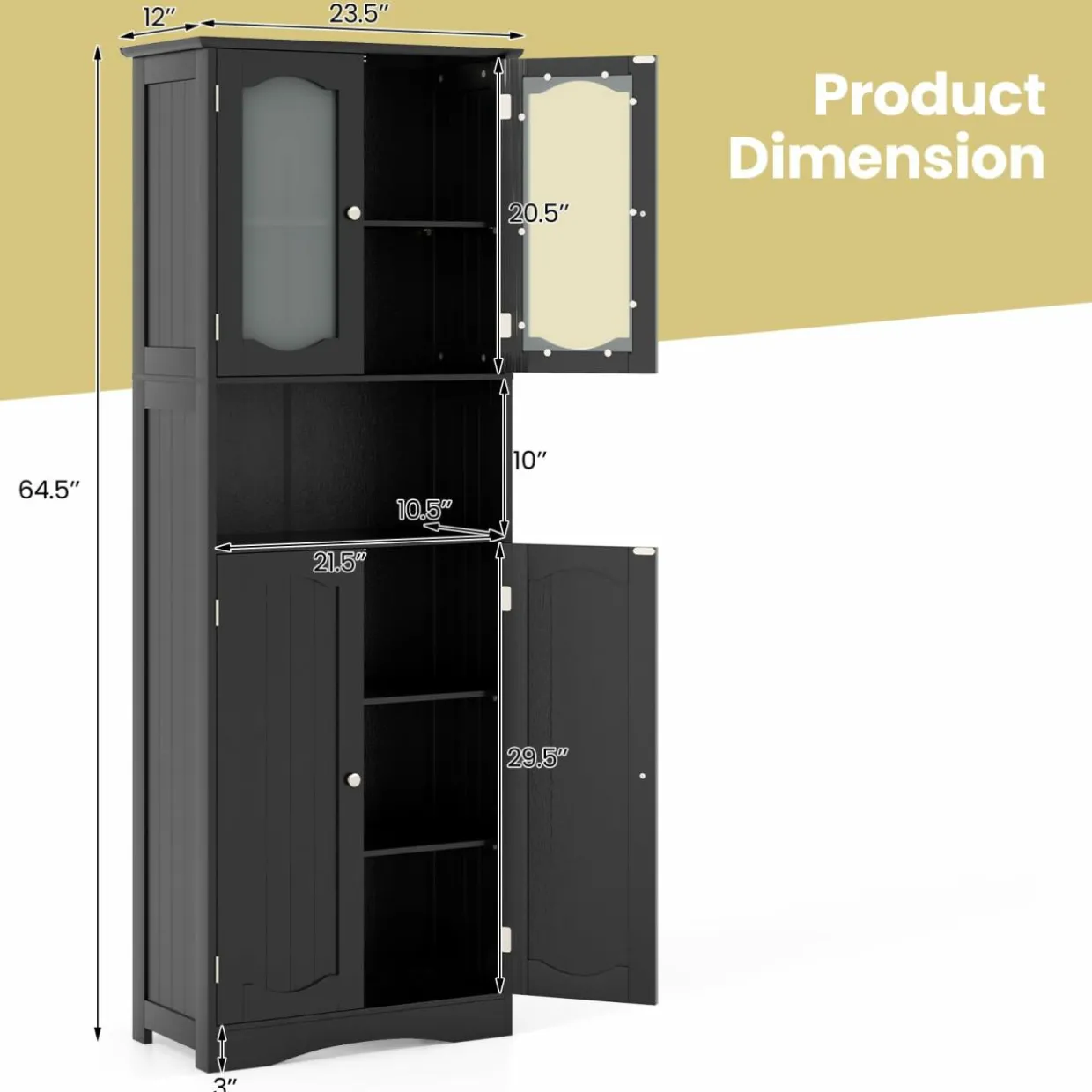 Tangkula 64.5" Tall Bathroom Storage Cabinet, Freestanding Linen Cabinet with Frost Glass Doors and Shelves