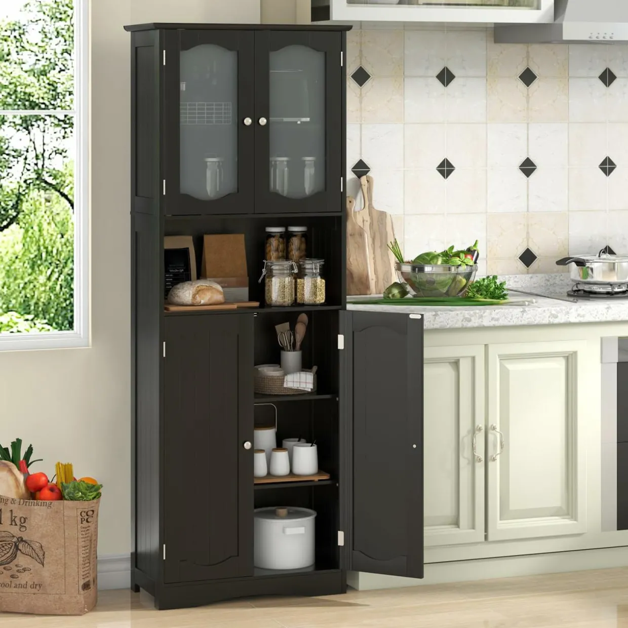 Tangkula 64.5" Tall Bathroom Storage Cabinet, Freestanding Linen Cabinet with Frost Glass Doors and Shelves