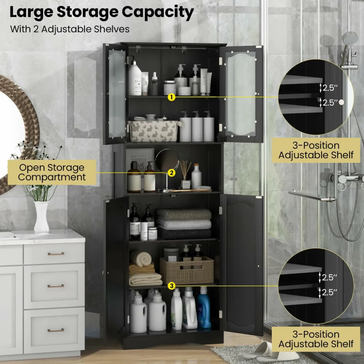 Tangkula 64.5" Tall Bathroom Storage Cabinet, Freestanding Linen Cabinet with Frost Glass Doors and Shelves