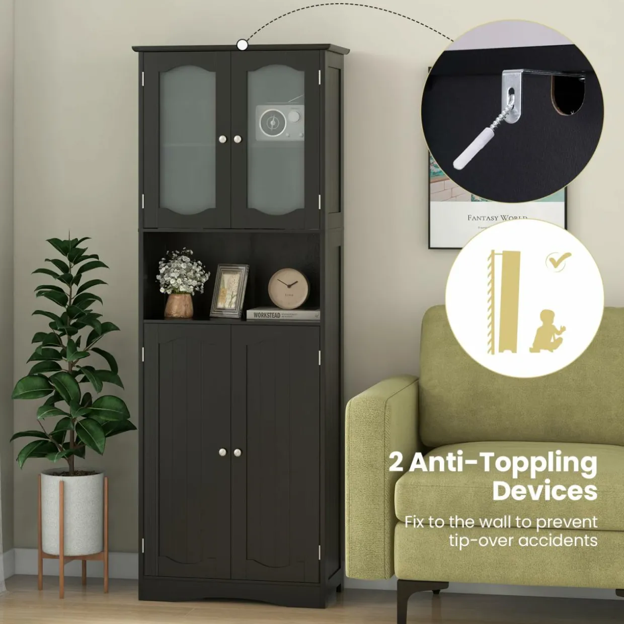 Tangkula 64.5" Tall Bathroom Storage Cabinet, Freestanding Linen Cabinet with Frost Glass Doors and Shelves