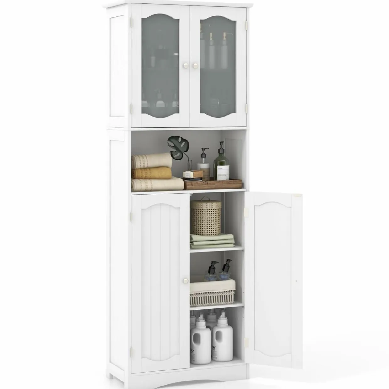 Tangkula 64.5" Tall Bathroom Storage Cabinet, Freestanding Linen Cabinet with Frost Glass Doors and Shelves