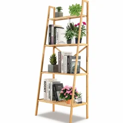 Tangkula 4 Tier Bamboo Ladder Bookshelf, Freestanding Plant Display Stand