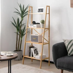 Tangkula 4 Tier Bamboo Ladder Bookshelf, Freestanding Plant Display Stand