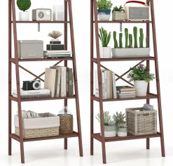 Tangkula 4 Tier Bamboo Ladder Bookshelf, Freestanding Plant Display Stand