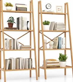Tangkula 4 Tier Bamboo Ladder Bookshelf, Freestanding Plant Display Stand