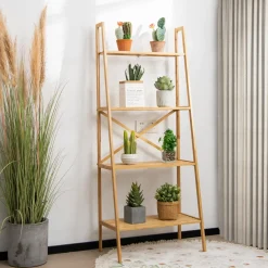 Tangkula 4 Tier Bamboo Ladder Bookshelf, Freestanding Plant Display Stand
