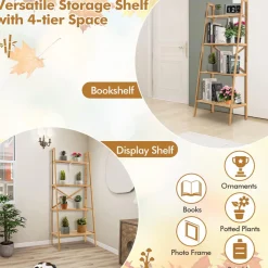 Tangkula 4 Tier Bamboo Ladder Bookshelf, Freestanding Plant Display Stand