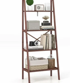 Tangkula 4 Tier Bamboo Ladder Bookshelf, Freestanding Plant Display Stand
