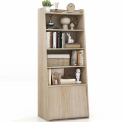 Tangkula 6 Tier Bookcase, Modern Bookshelf w/ 2 Adjustable Shelves & Flip-up Door, Wood Storage Cabinet with 5 Open Shelves