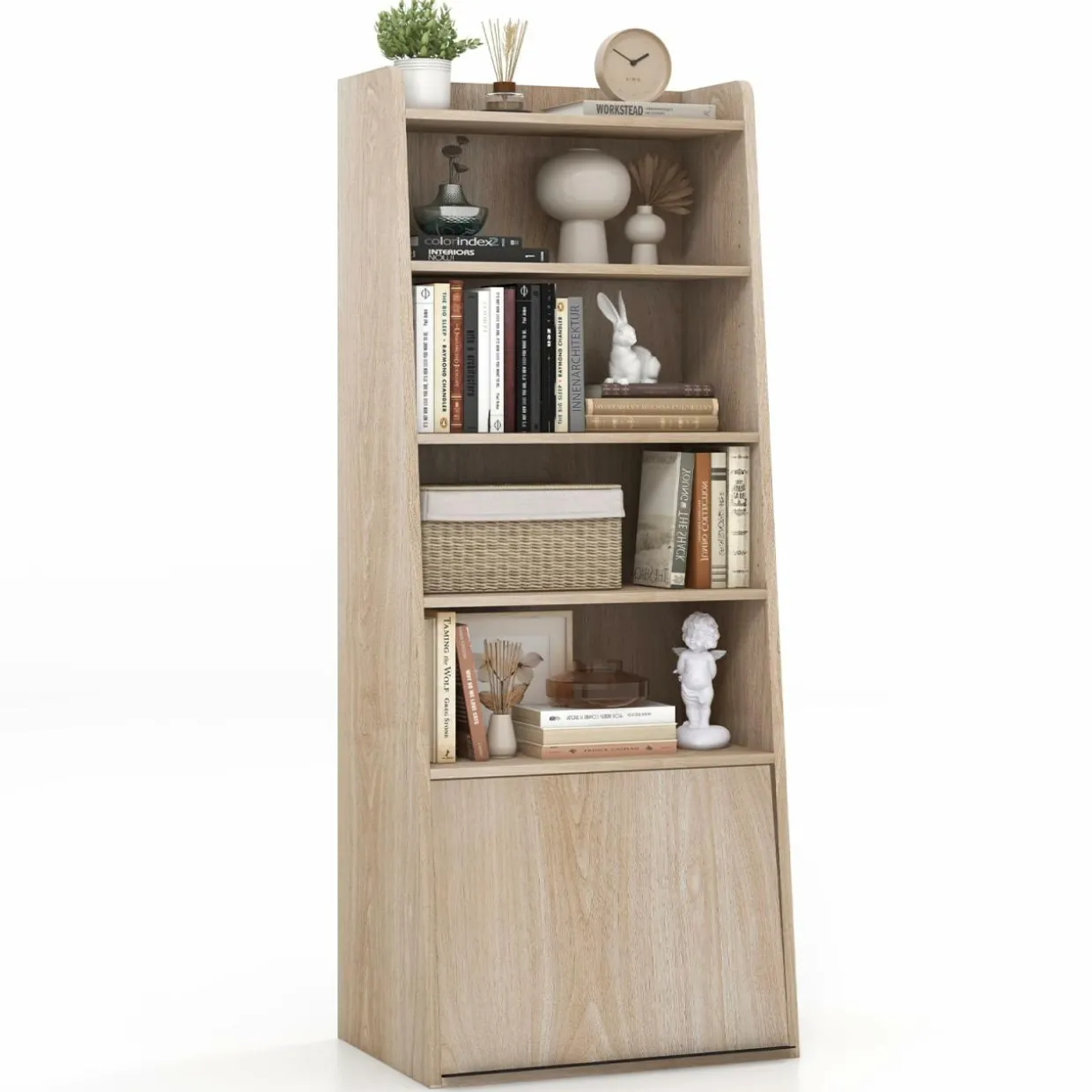 Tangkula 6 Tier Bookcase, Modern Bookshelf w/ 2 Adjustable Shelves & Flip-up Door, Wood Storage Cabinet with 5 Open Shelves