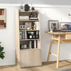 Tangkula 6 Tier Bookcase, Modern Bookshelf w/ 2 Adjustable Shelves & Flip-up Door, Wood Storage Cabinet with 5 Open Shelves