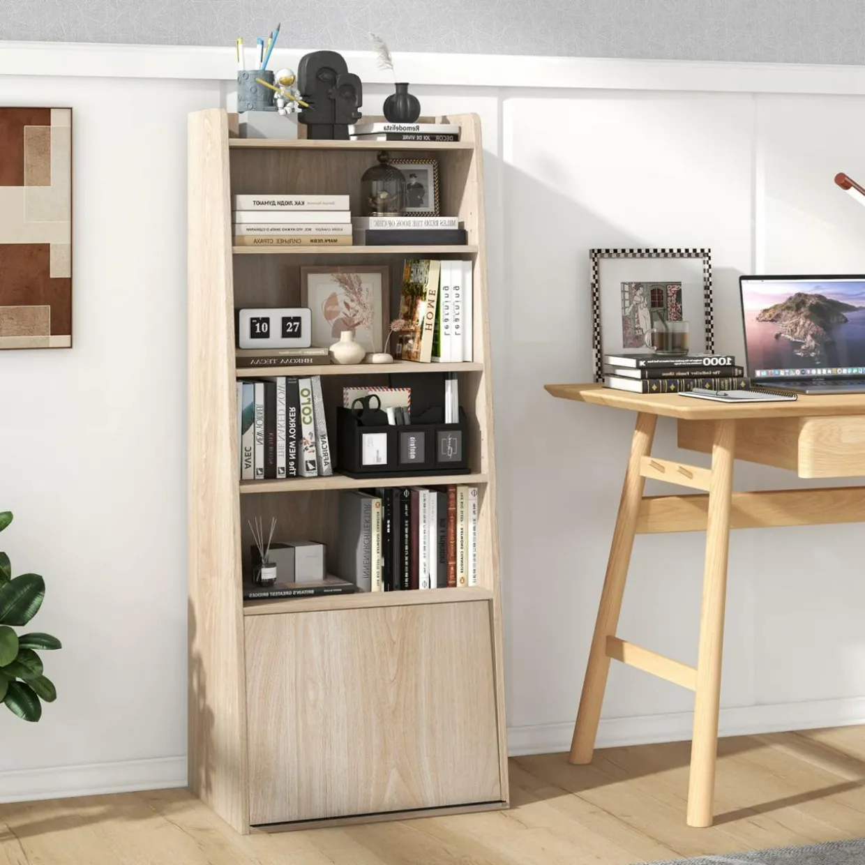 Tangkula 6 Tier Bookcase, Modern Bookshelf w/ 2 Adjustable Shelves & Flip-up Door, Wood Storage Cabinet with 5 Open Shelves